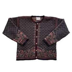 Vintage Dale Of Norway Cardigan Black Wool Sweater Large Floral Diamond